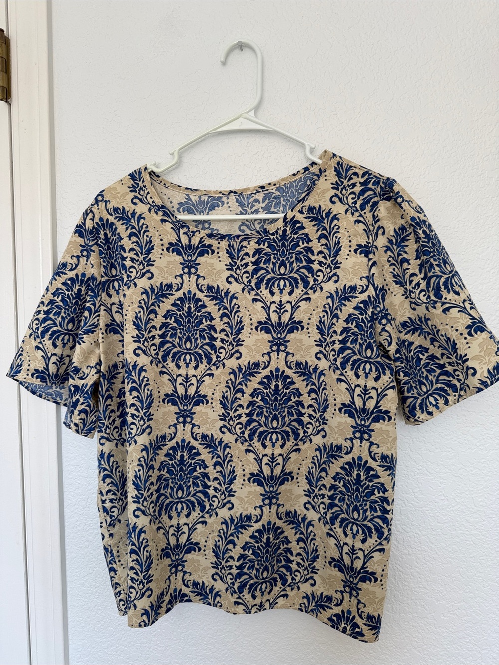 Patterned Short Sleeve Top in Navy and Beige